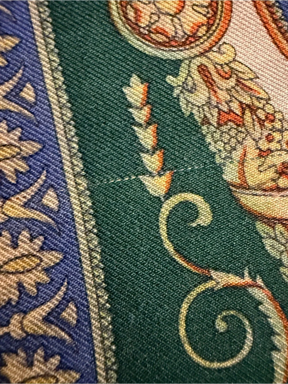 Vintage ETRO Italy Wool Silk Scarf stole Green Gold Baroque Greek Key 54Lx16W